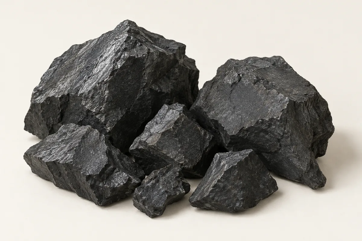 Six large angular black stones with broken faces, grouped on a plain pale background.
