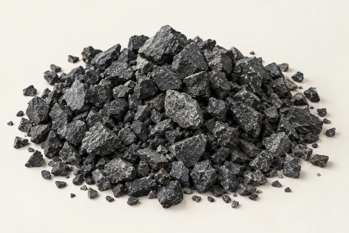 A cone-shaped pile of angular black and grey gravel pieces on a plain pale background.