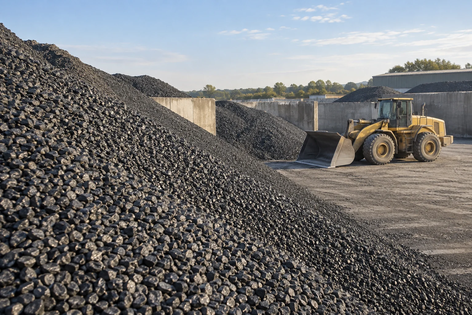 Illustrative bulk mineral handling yard with dark stockpiles and a wheel loader.