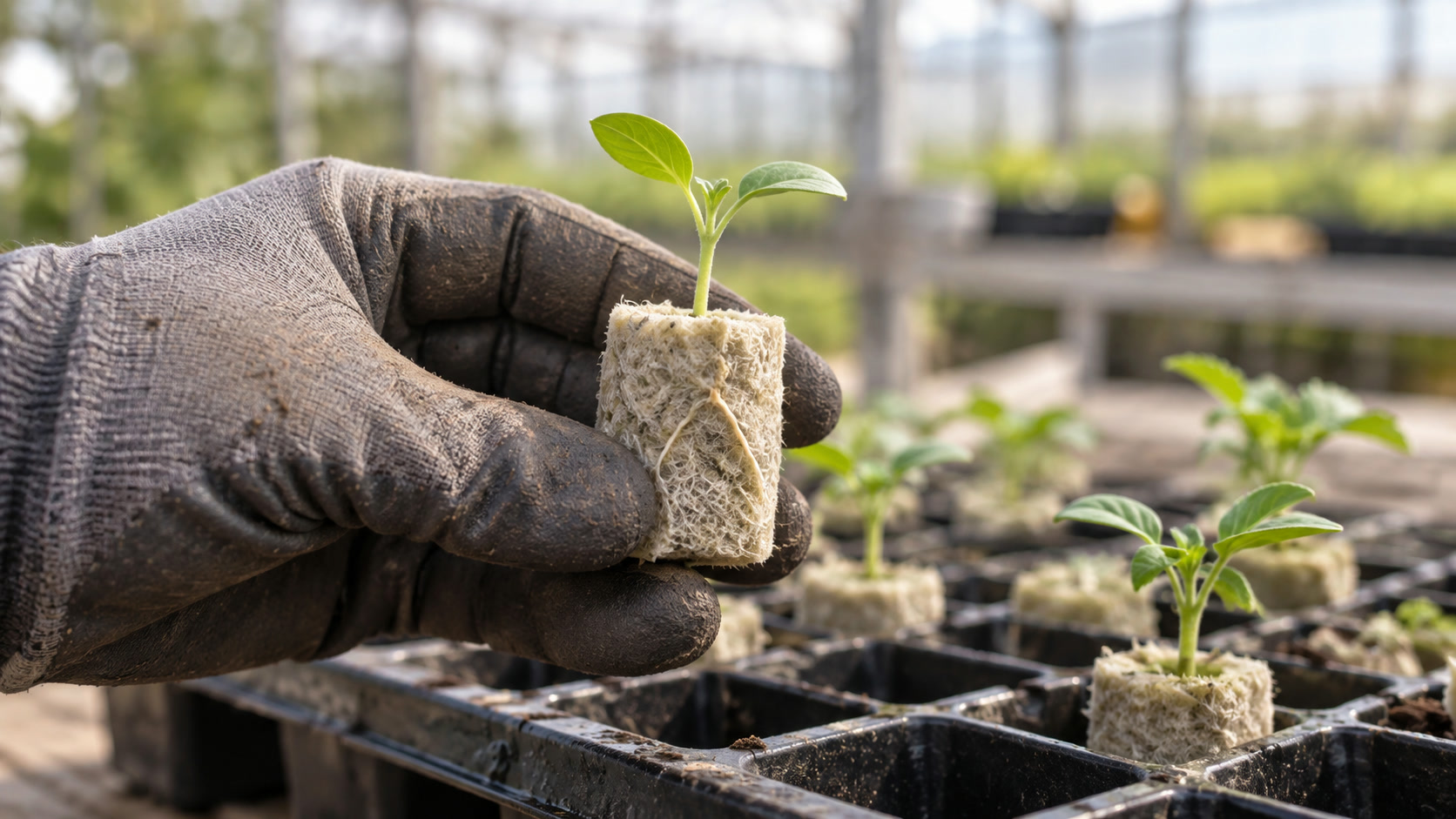 Concept of a small mineral-fiber seed starter held above a nursery tray.