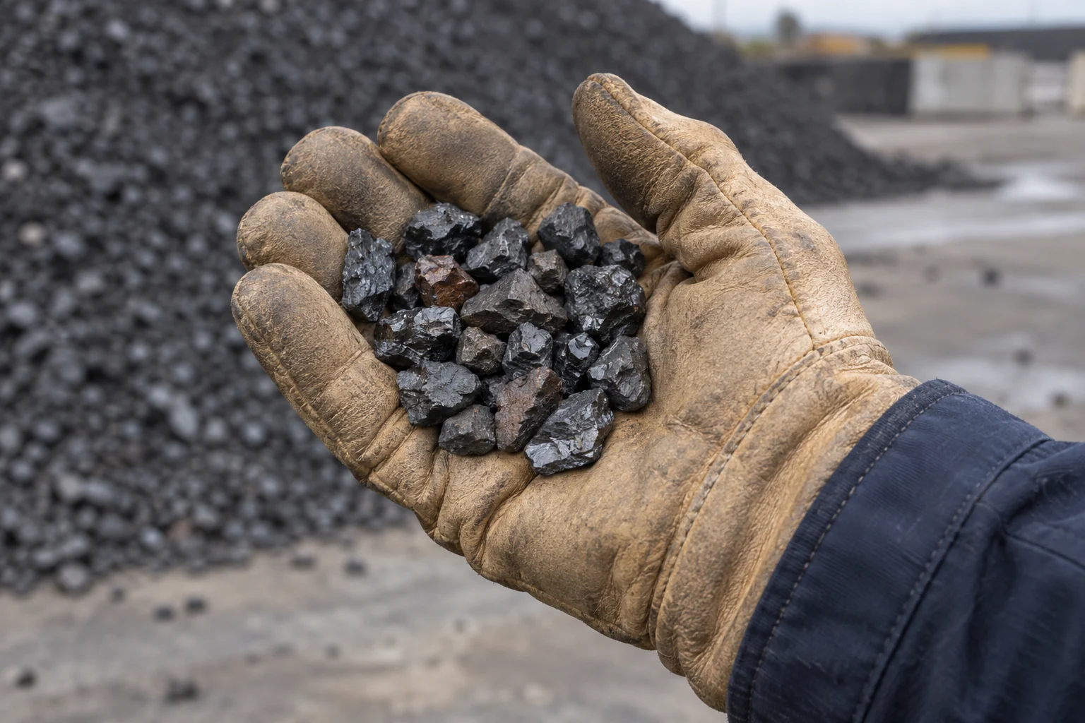 Illustrative field review of dark glassy granules in a work glove.