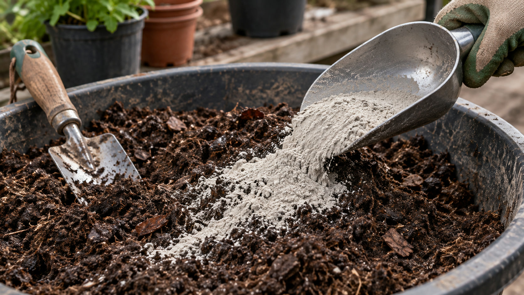 Illustrative mineral powder being added to brown potting soil in a mixing tub.