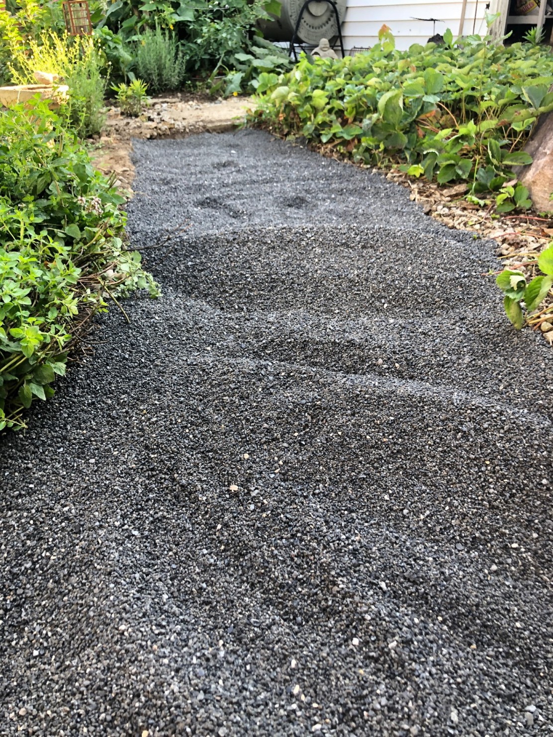 A dark granular garden walkway bordered by green planting beds, leading toward a house.