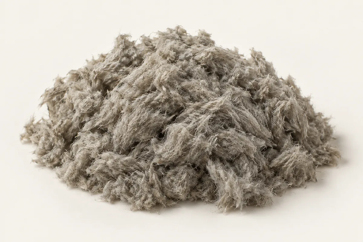 A low mound of loose, tangled grey mineral fibre on a plain pale background.