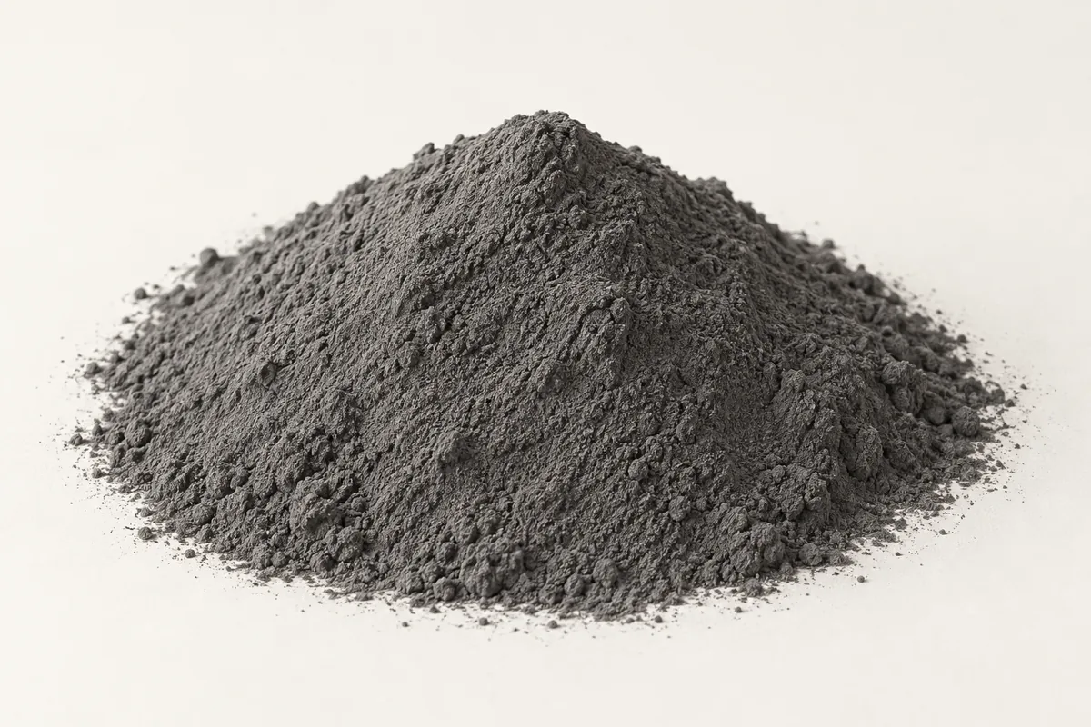 A cone-shaped pile of fine grey mineral powder on a plain pale background.