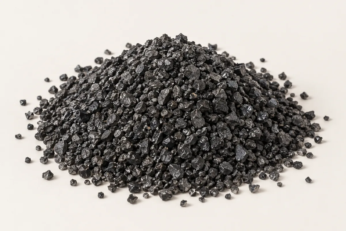 A cone-shaped pile of small, hard, angular black grit particles on a plain pale background.
