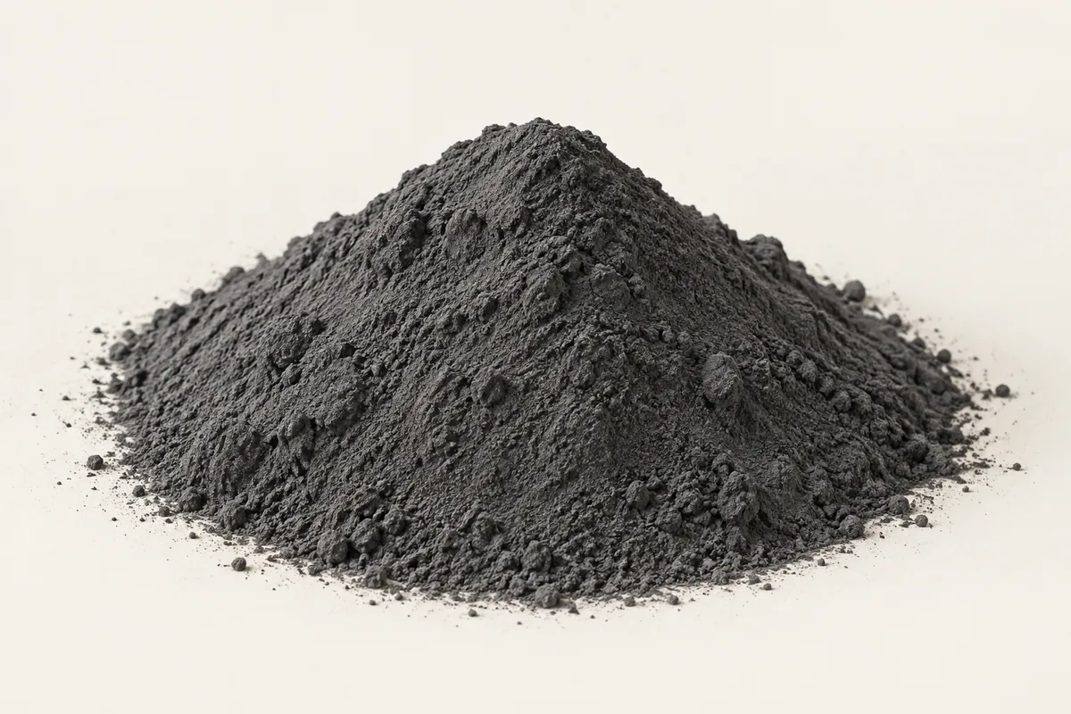 A cone-shaped pile of very fine dark grey mineral powder on a plain pale background.