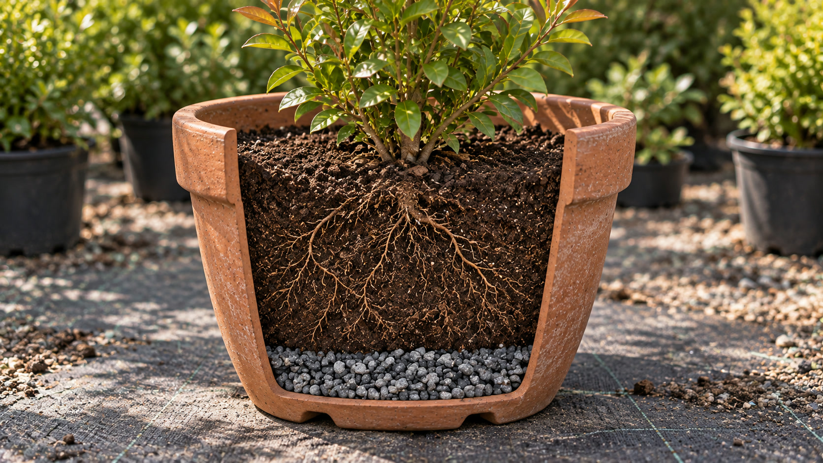 Cutaway of one planted pot with small mineral pebbles at the bottom and soil, roots and a plant above.