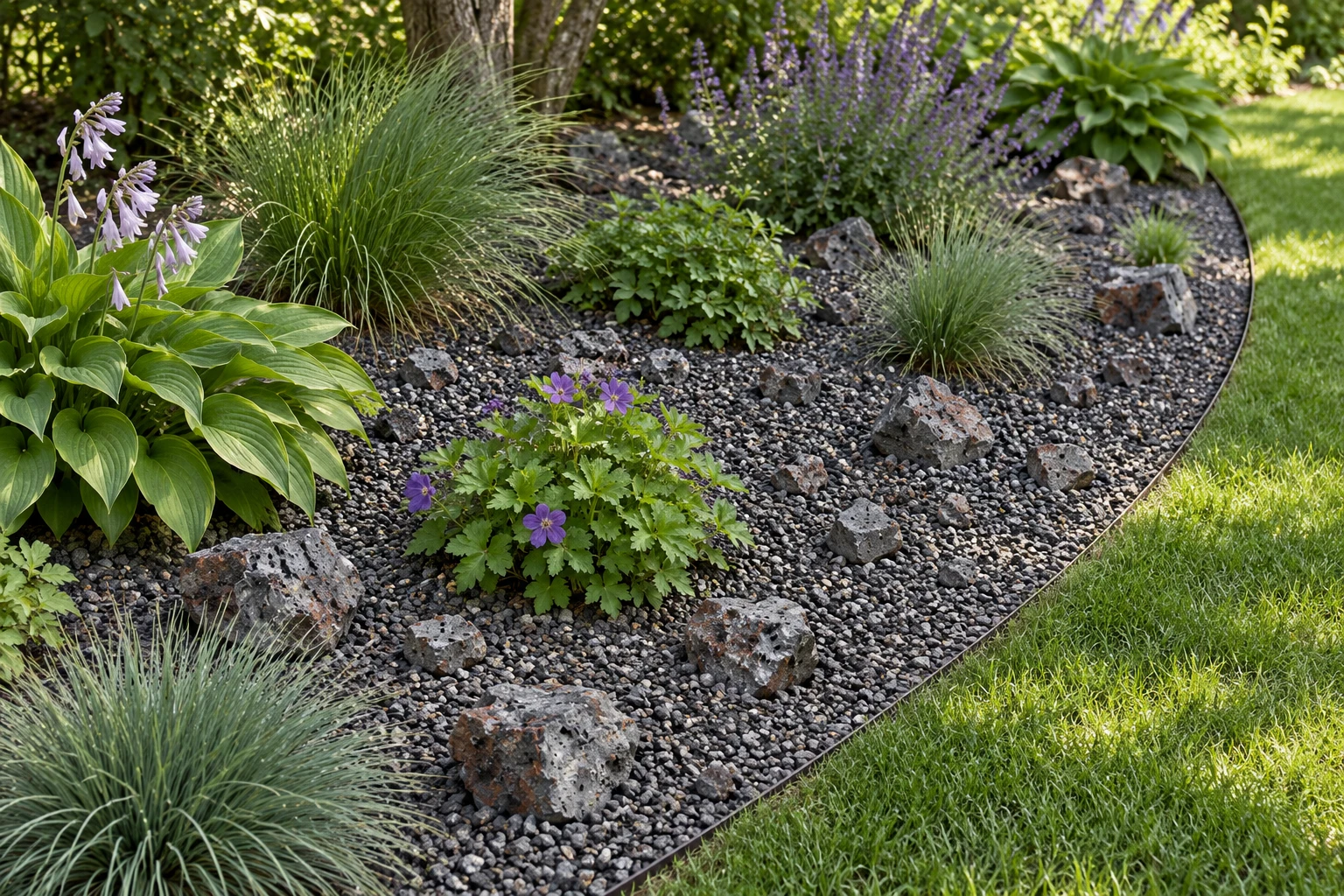 Concept of a planted bed filled with fine gray mineral pea gravel and scattered small coarse mineral stones.