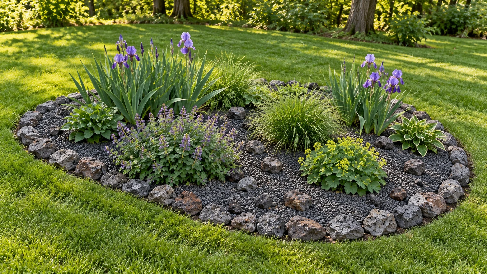Concept of a planted island with low coarse-stone edging and a full pea-gravel surface mixed with larger mineral pieces.