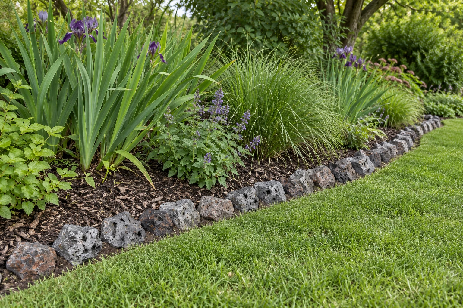 Small pitted gray mineral stones form a low edging between green lawn and a planted garden bed.