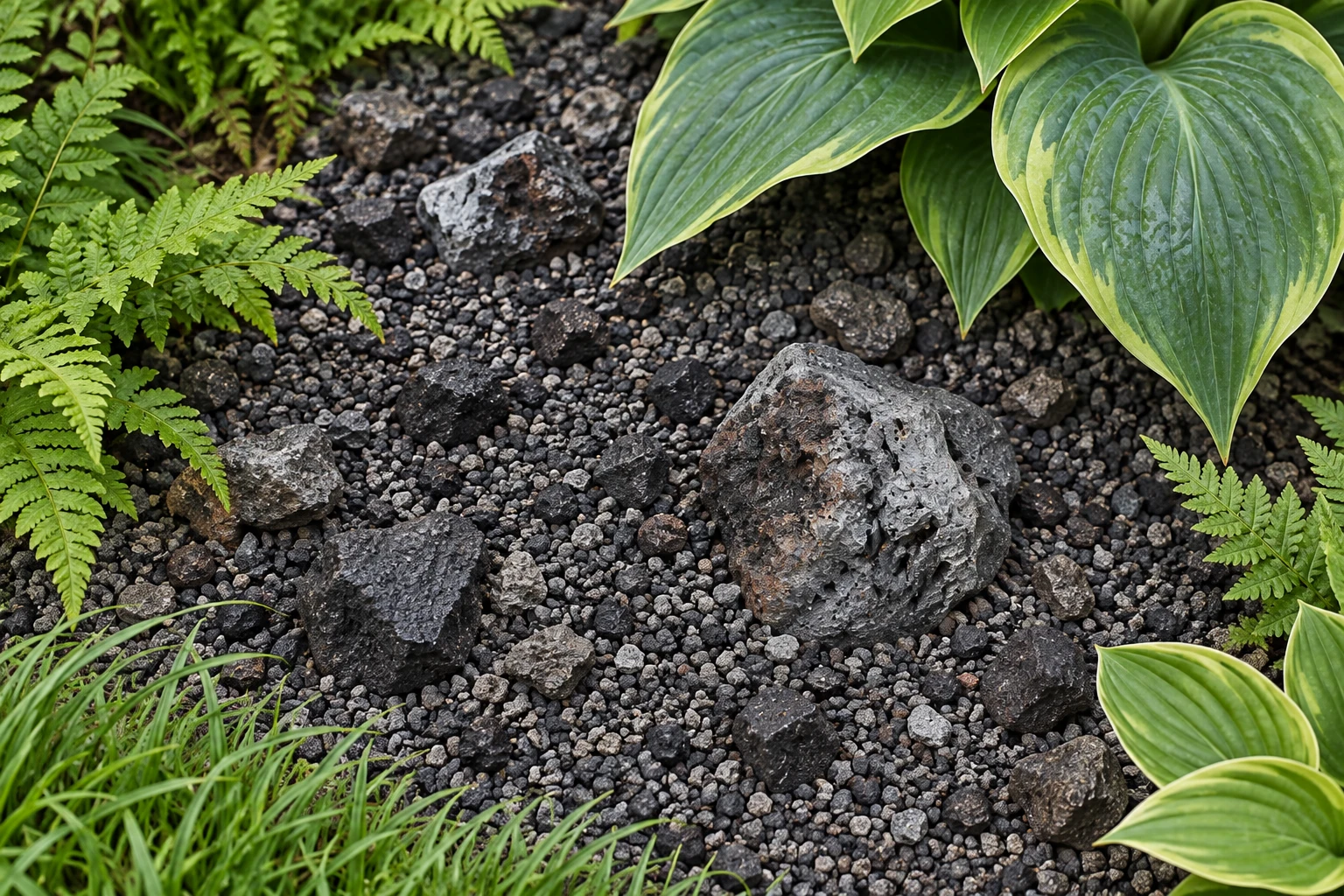 Close garden concept showing fine mineral pea gravel, medium stone chips and a few coarse pieces beside hostas and ferns.